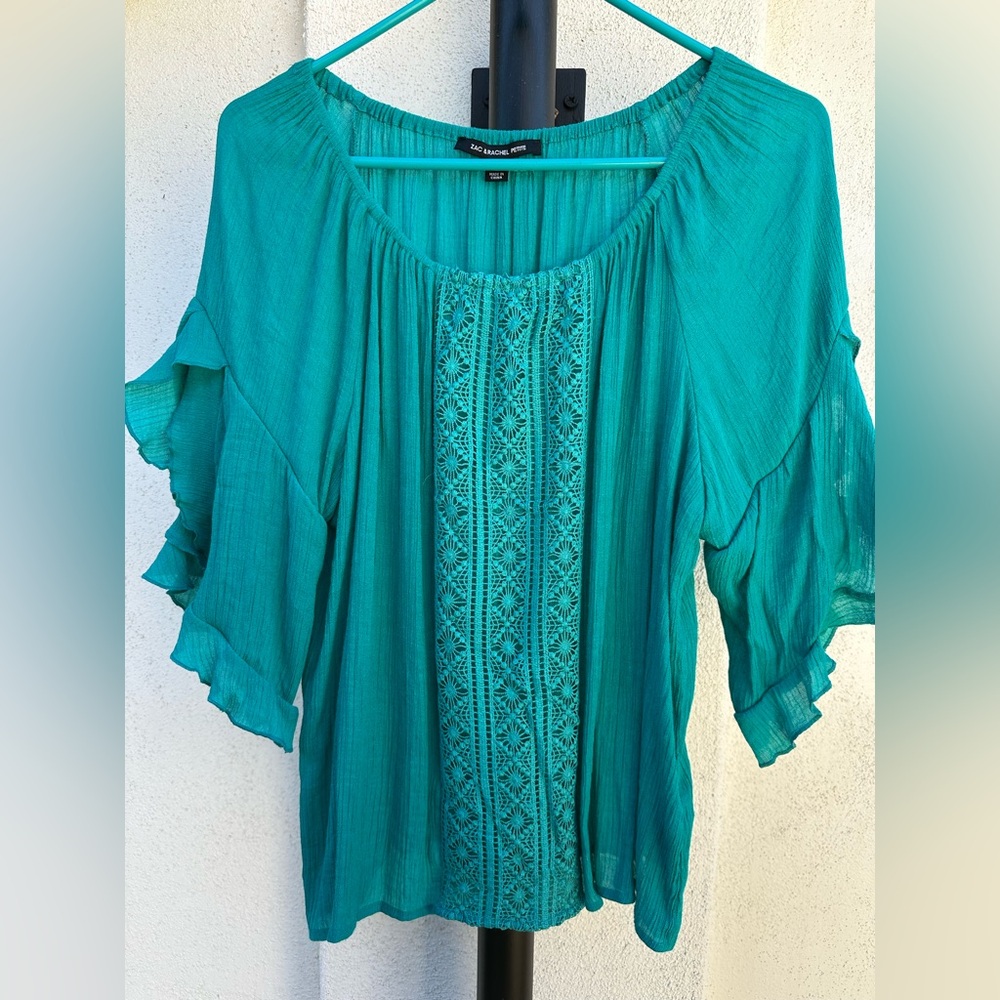 Zac & Rachel Teal Crochet-Front Flutter Sleeve Blouse
